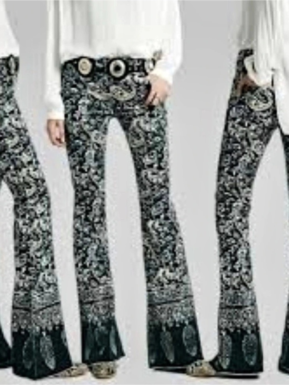 Free People Penny Corduroy Flare Pants Paisley Flare Jeans in Black & White(B8)
